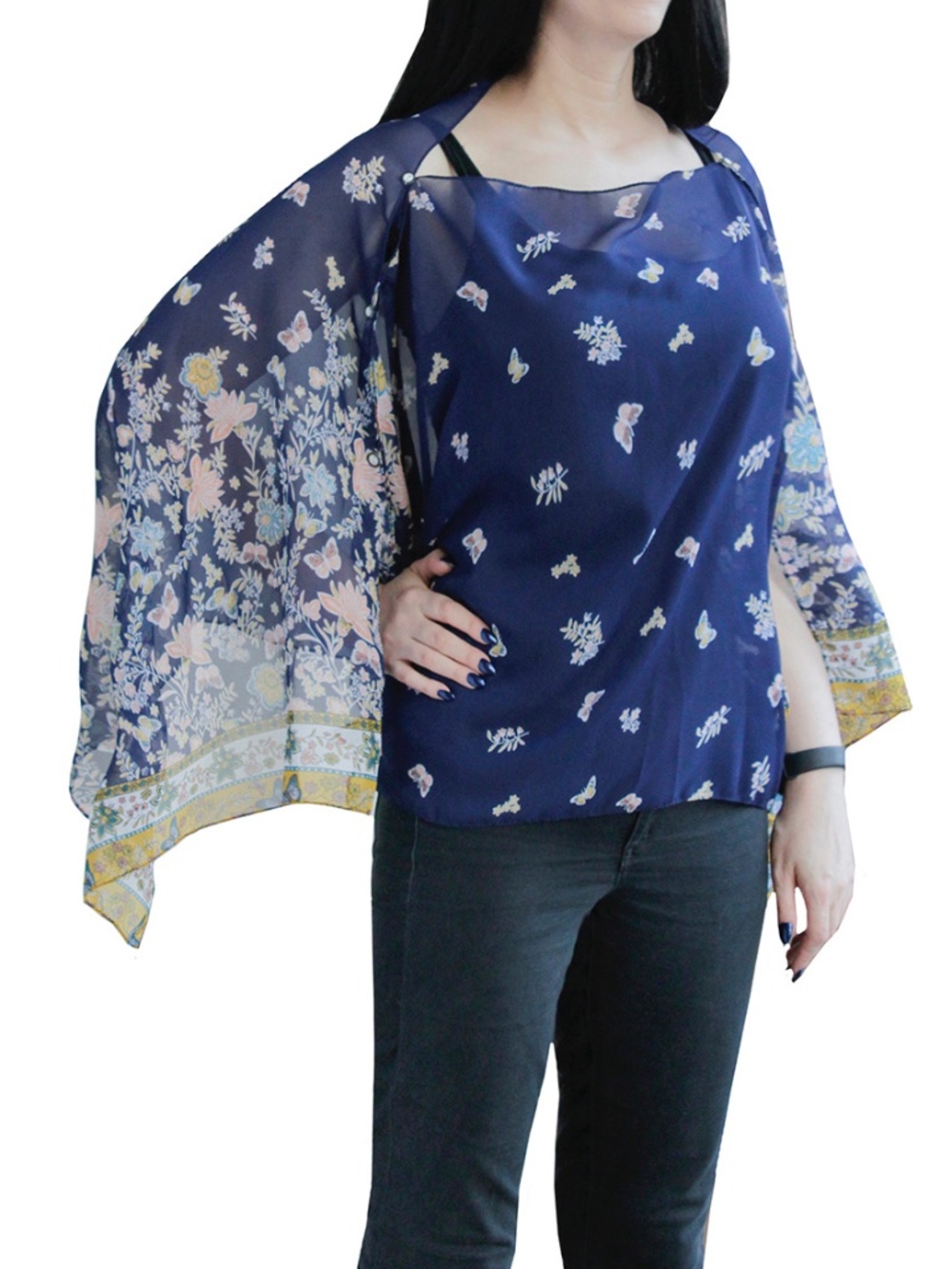 Candor NYC Butterfly Two-Way Chiffon Poncho : Navy/Multi : New w/ Tags